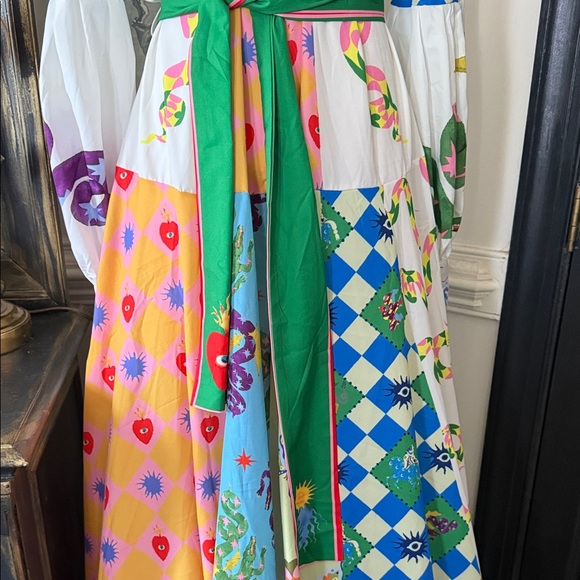 2 Bohemian Patchwork Maxi Dresses with Green Sash - Picture 6 of 15